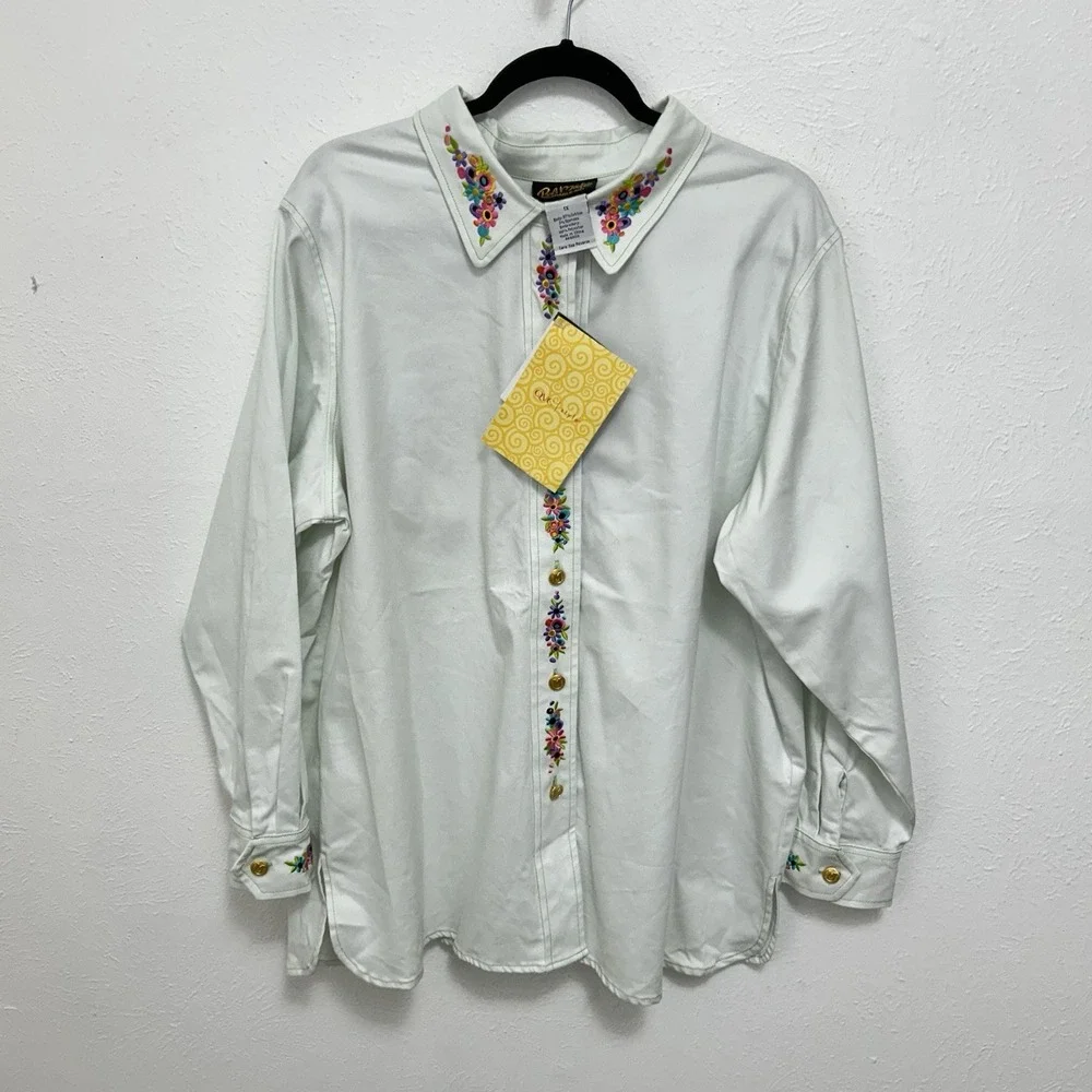 Bob Mackie Shimmery‎ Embroidered Kids Maypole Flowers White Shirt / Coat Wm's 1X